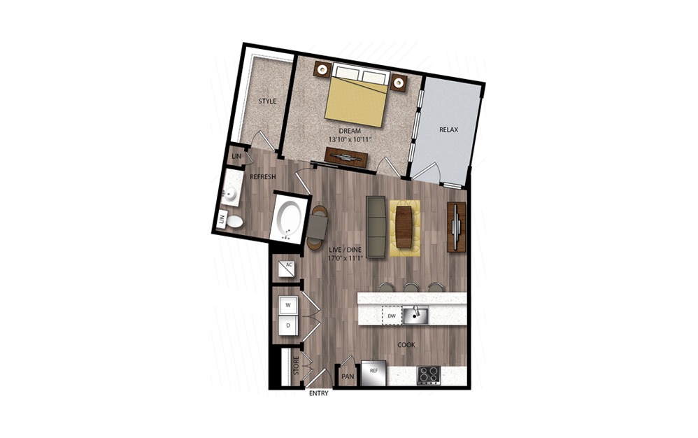 A10 - 1 bedroom floorplan layout with 1 bath and 819 square feet.
