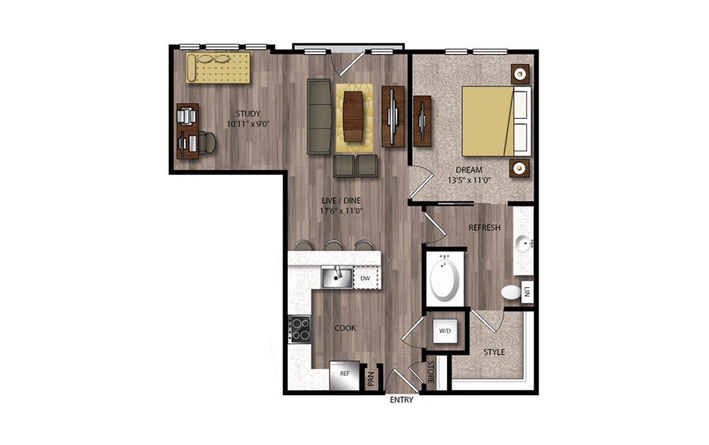 A11 - 1 bedroom floorplan layout with 1 bath and 843 square feet.