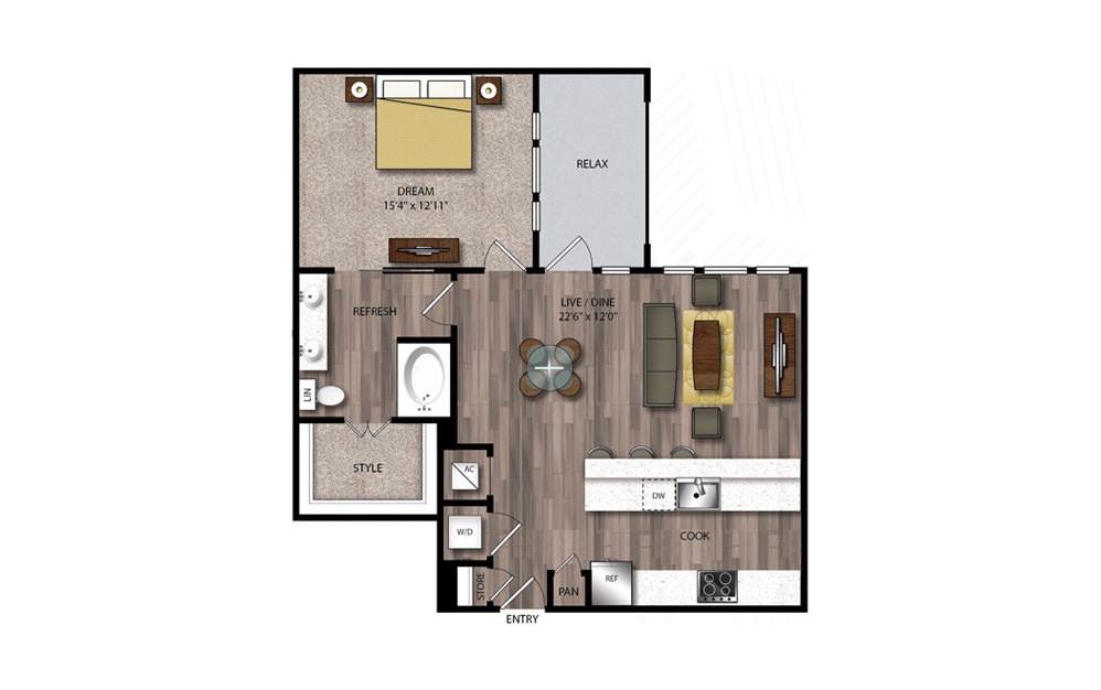 A12 - 1 bedroom floorplan layout with 1 bath and 928 square feet.