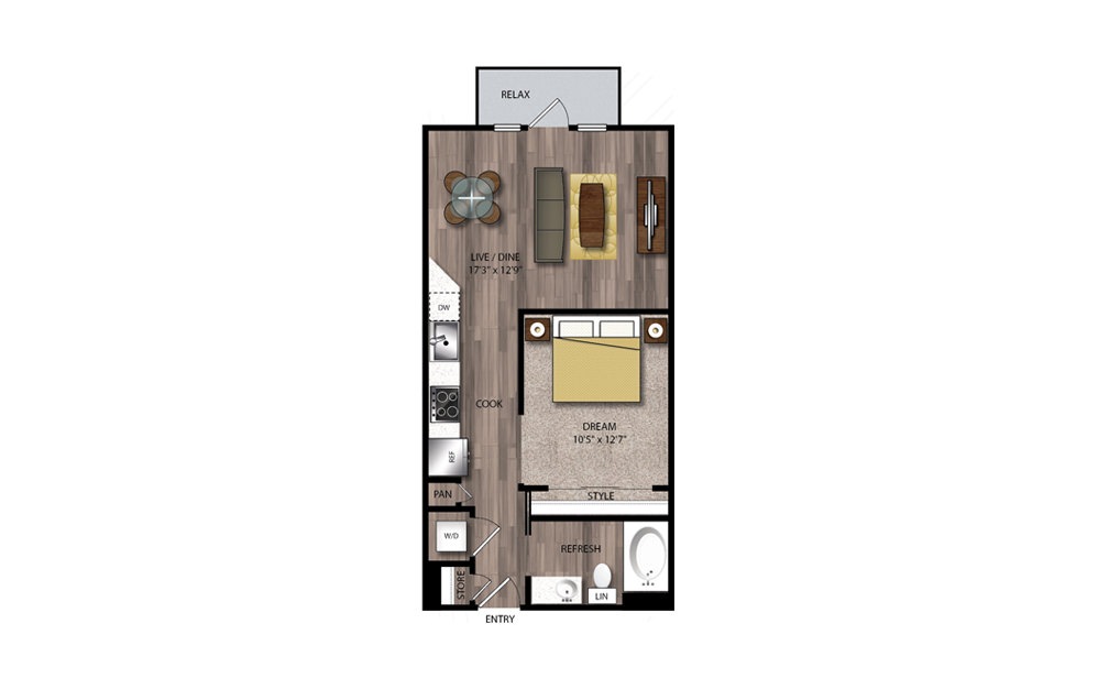 A14 - 1 bedroom floorplan layout with 1 bath and 636 square feet.