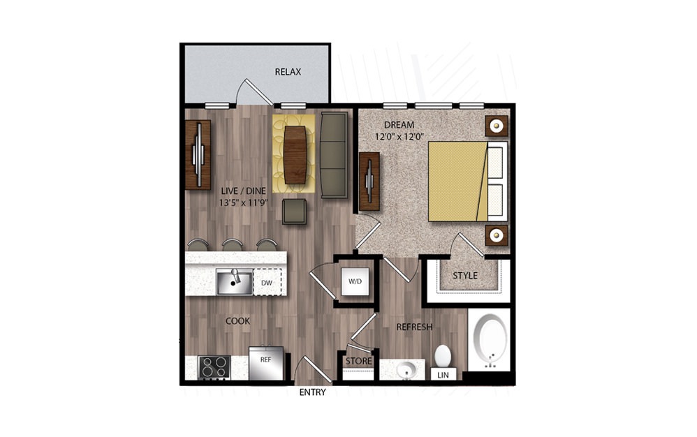 A1 - 1 bedroom floorplan layout with 1 bath and 611 square feet.