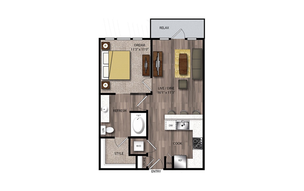 A21 - 1 bedroom floorplan layout with 1 bath and 671 square feet.