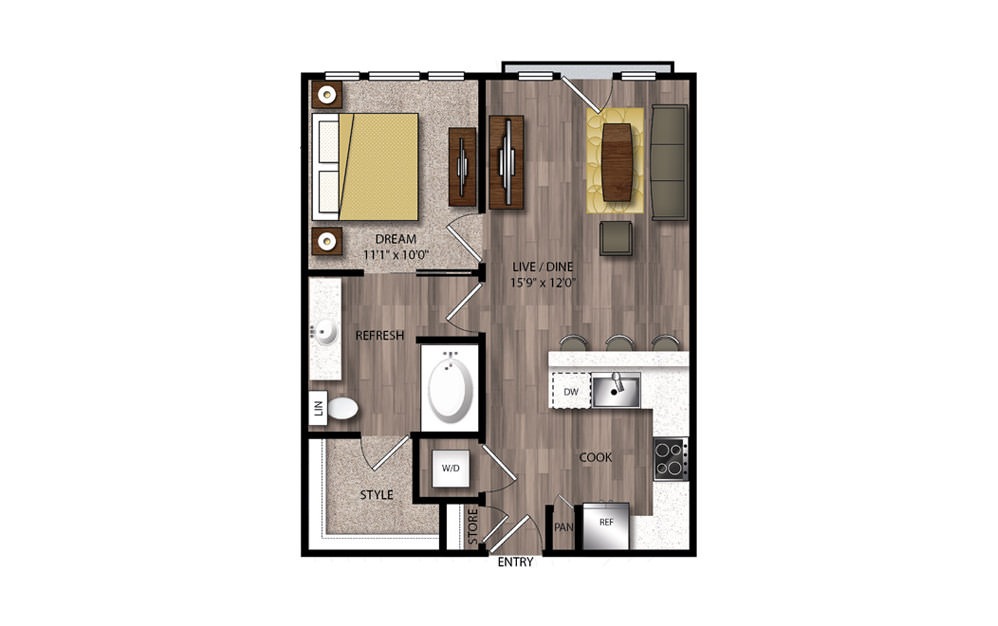 A3 - 1 bedroom floorplan layout with 1 bath and 661 square feet.