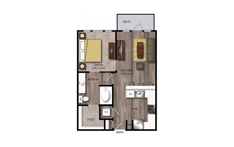 A42 - 1 bedroom floorplan layout with 1 bath and 678 square feet.
