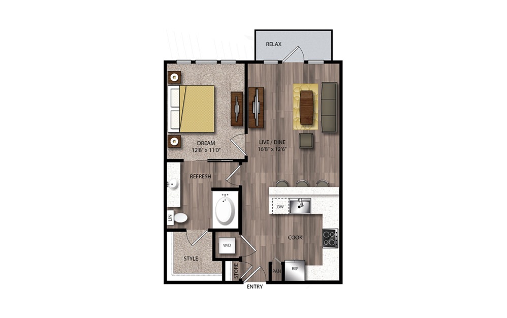 A61 - 1 bedroom floorplan layout with 1 bath and 723 square feet.