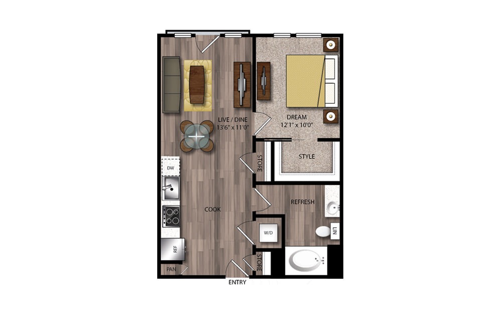 A71 - 1 bedroom floorplan layout with 1 bath and 659 square feet.