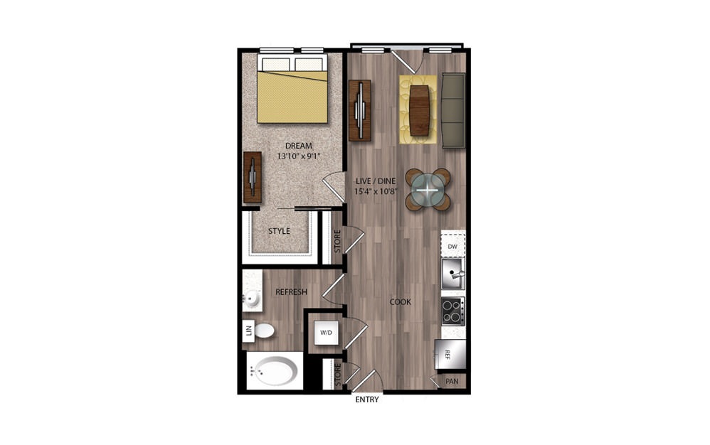 A72 - 1 bedroom floorplan layout with 1 bath and 653 square feet.