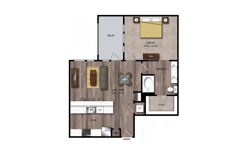 A81 - 1 bedroom floorplan layout with 1 bath and 865 square feet.