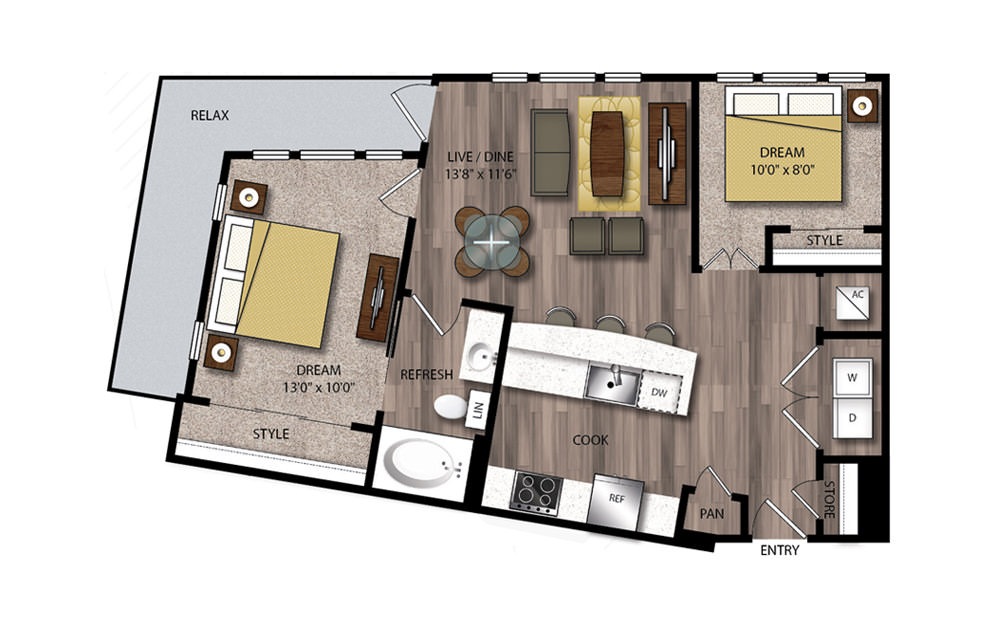 B10 - 2 bedroom floorplan layout with 2 baths and 847 square feet.
