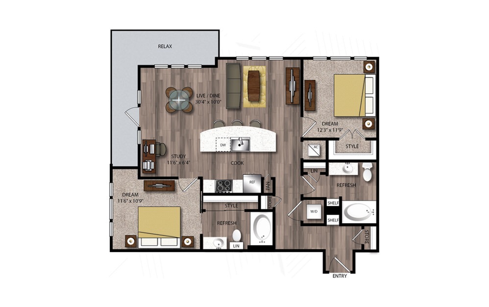 B1 - 2 bedroom floorplan layout with 2 baths and 1104 square feet.