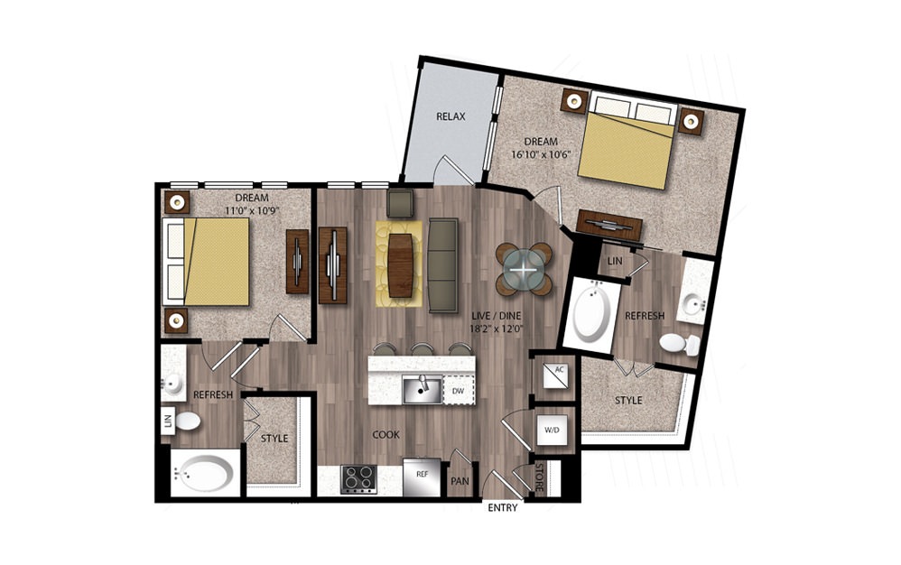 B3 - 2 bedroom floorplan layout with 2 baths and 1005 square feet.