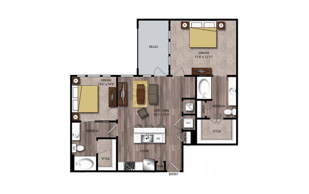 B4 - 2 bedroom floorplan layout with 2 baths and 1032 square feet.