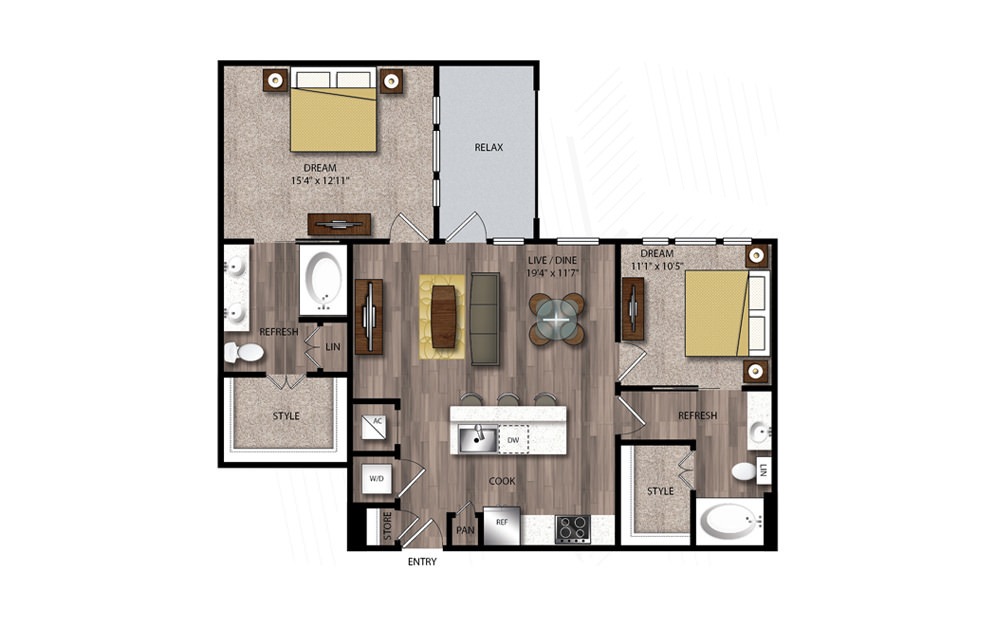 B5 - 2 bedroom floorplan layout with 2 baths and 1092 square feet.