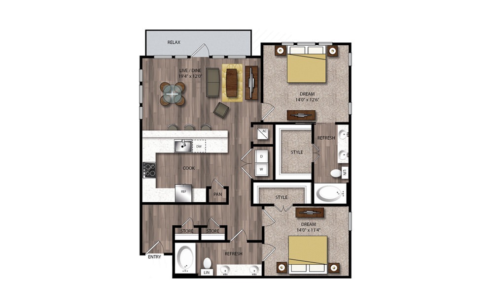 B6 - 2 bedroom floorplan layout with 2 baths and 1270 square feet.