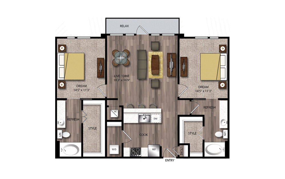 B7 - 2 bedroom floorplan layout with 2 baths and 1199 square feet.