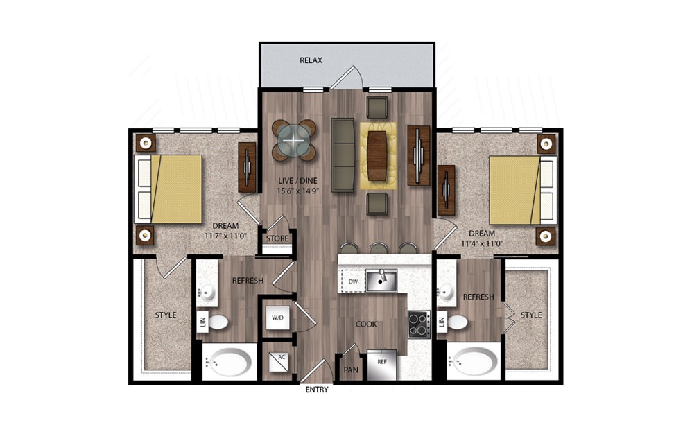 B8 - 2 bedroom floorplan layout with 2 baths and 1002 square feet.