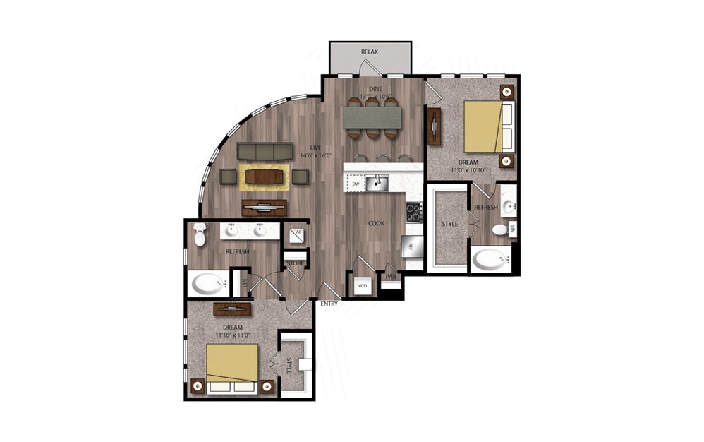 B9 - 2 bedroom floorplan layout with 2 baths and 1185 square feet.