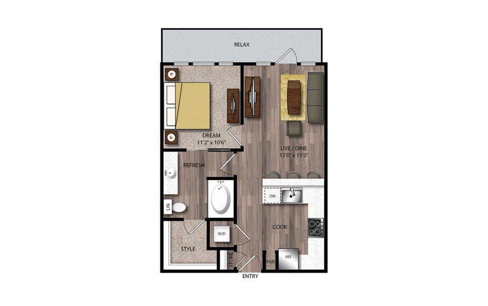 PA4 - 1 bedroom floorplan layout with 1 bath and 643 square feet.