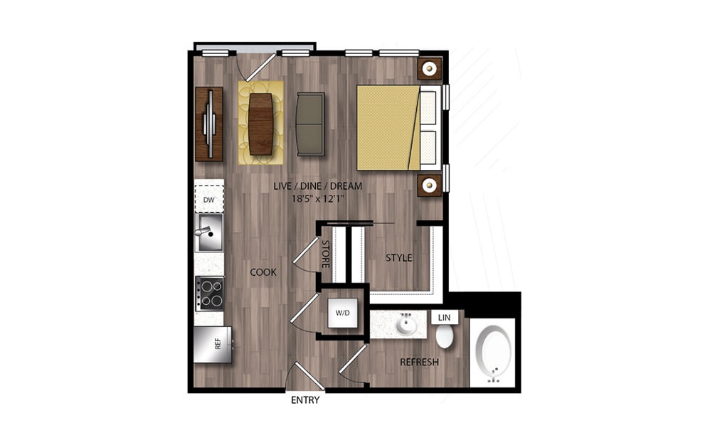 S1 - Studio floorplan layout with 1 bath and 530 square feet.