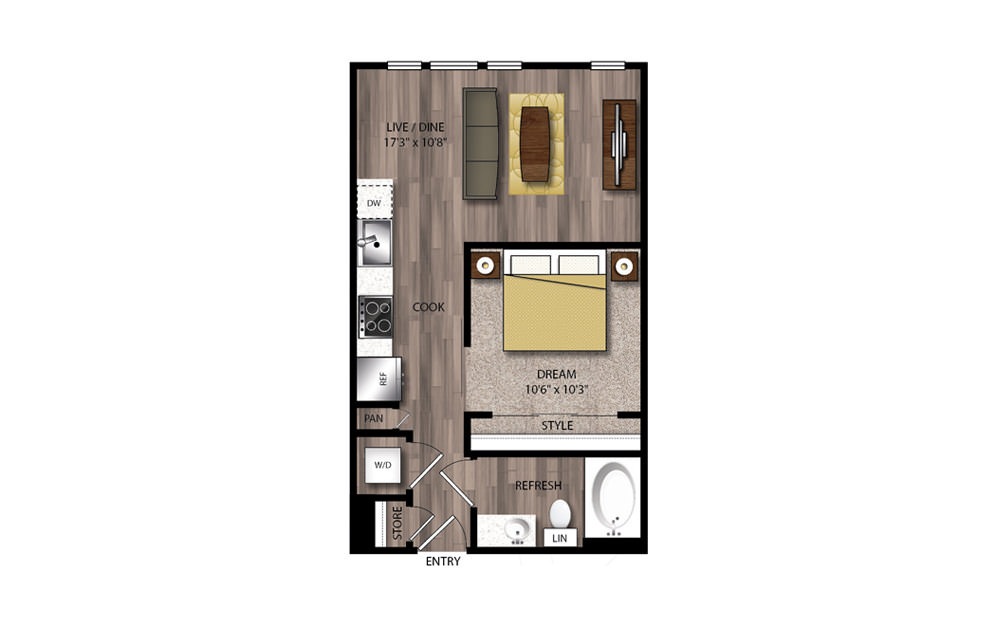 S2 - Studio floorplan layout with 1 bath and 545 square feet.